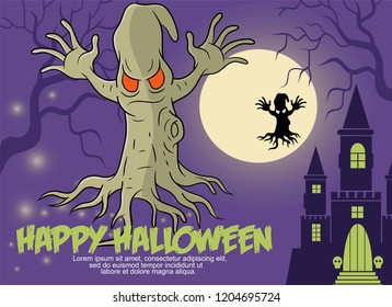 Happy halloween greeting card and post card set vector, character silhouette,full moon and haunted house background ,cartoon style,halloween celebration
