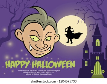 Happy halloween greeting card and post card set vector, character silhouette,full moon and haunted house background ,cartoon style,halloween celebration