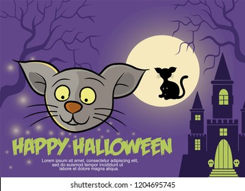 Happy halloween greeting card and post card set vector, character silhouette,full moon and haunted house background ,cartoon style,halloween celebration