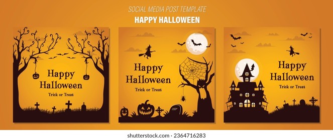 Happy Halloween Greeting Card Post. Halloween post with full moon. Halloween social media post collection vector illustration. Halloween invitation trick or treat.