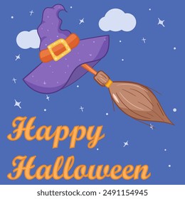 happy halloween greeting card post, internet, social media, flat vector illustration, sky with stars, simple backgraund, witch hat with magic broom, for children