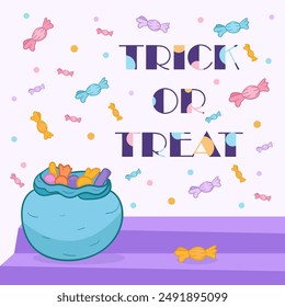 happy halloween greeting card post, internet, social media, flat vector illustration, trick of treat, colorful candies and background, bag of sweets, for children 