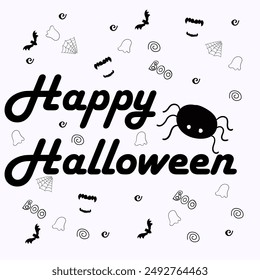 happy halloween greeting card post, internet, social media, flat vector illustration, spider with web, black and white, vampire teeth, boo