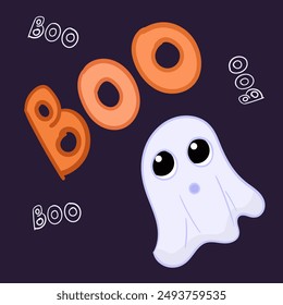happy halloween greeting card post, internet, social media, flat vector illustration, simple background, cute gost, boo