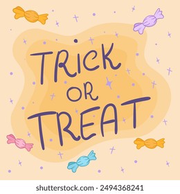 happy halloween greeting card post, internet, social media, flat vector illustration, trick or treat, magic orange simple nackground with candies 