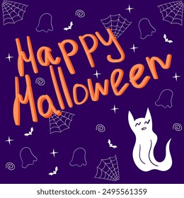 happy halloween greeting card post, internet, social media, flat vector illustration, simple dark background with gost, for children 