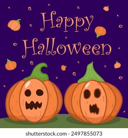 happy halloween greeting card post, internet, social media, flat vector illustration, scary pumpkins, for kids, simple background