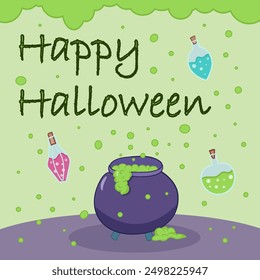 happy halloween greeting card post, internet, social media, flat vector illustration, cauldron with magic potion, green background
