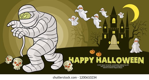 Happy halloween greeting card and poster design with mummy as main character,with haunted house background,cartoon style,halloween celebration