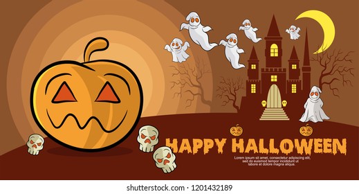 Happy halloween greeting card and poster design with expressive pumpkin as main character,with haunted house background,cartoon style,halloween celebration