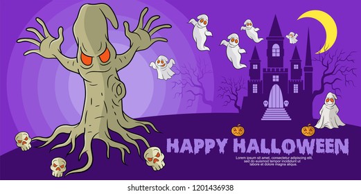 Happy halloween greeting card and poster design with tree monster as main character,with haunted house background,cartoon style,halloween celebration
