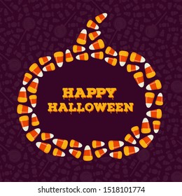 Happy Halloween greeting card, poster. Trick or treat backgroud. Pumpkin silhouette made of small candy corns pile. Traditional holiday sweets wallpaper. Vector illustration.
