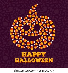 Happy Halloween greeting card, poster. Trick or treat backgroud. Jack o lantern silhouette made of small candy corns pile. Traditional holiday sweets wallpaper. Vector illustration.