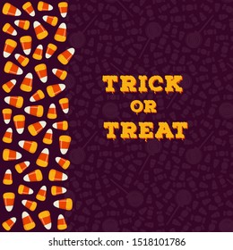 Happy Halloween greeting card, poster. Trick or treat concept background. Traditional holiday sweets wallpaper. Vertical border made of small candy corns. Vector illustration