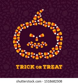 Happy Halloween greeting card, poster. Trick or treat backgroud. Jack o lantern silhouette made of small candy corns pile. Traditional holiday sweets wallpaper. Vector illustration.