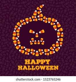 Happy Halloween greeting card, poster. Trick or treat backgroud. Jack o lantern silhouette made of small candy corns pile. Traditional holiday sweets wallpaper. Vector illustration.