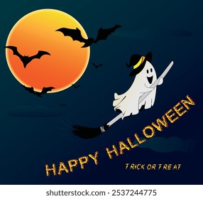 Happy Halloween greeting card, poster, banner, with ghost, moon, bats and dark background 