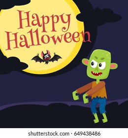 Happy Halloween greeting card, poster, banner design with little green zombie monster, bat, moon and dark night, cartoon vector illustration. Halloween greeting card with little green zombie monster