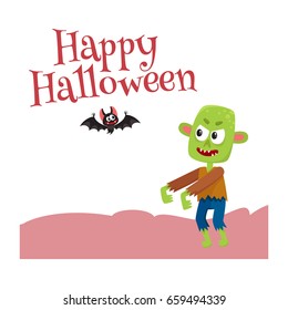 Happy Halloween greeting card, poster, banner design with bat and with little green zombie monster, cartoon vector illustration isolated on white background.