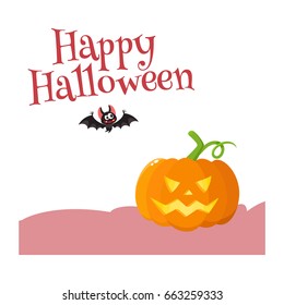 Happy Halloween greeting card, poster, banner design with bat and with orange pumpkin, cartoon vector illustration isolated on white background. Halloween greeting card