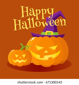 Happy Halloween greeting card, poster, banner design with orange pumpkin in pointed witch hat, cartoon vector illustration. Halloween greeting cardwith orange pumpkin