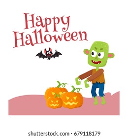 Happy Halloween greeting card, poster, banner design with bat and with little green zombie monster with orange pumpkin, cartoon vector illustration isolated on white background.