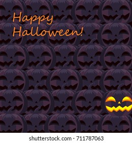 Happy Halloween greeting card, poster, banner design with dark pumpkin in the night, cartoon vector illustration. Halloween greeting card with grim pumpkin