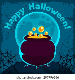 Happy Halloween greeting card with pot of potion.