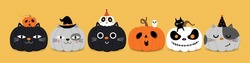 Happy Halloween Greeting Card With Pumpkin In Cat And Ghost Costume. Holidays Cartoon Character. -Vector