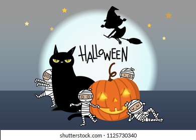 Happy Halloween greeting card with pumpkin, black cat, scary mummy and witch. Holidays cartoon character background.