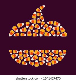 Happy Halloween greeting card. Pumpkin silhouette frame, border made of small candy corns pile. Holiday background. Trick or treat concept poster. Traditional holiday sweets wallpaper. Vector art