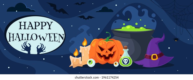 Happy Halloween greeting card with pumpkin, pot, witch hat, potion, candles, eye. Vector illustration