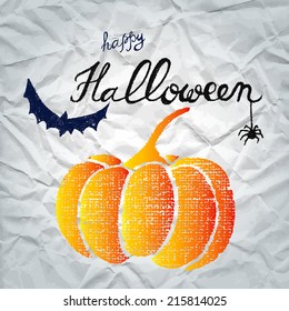 Happy Halloween greeting card with pumpkin. Hand drawn vector illustration.