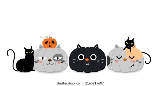 Happy Halloween Greeting Card With Pumpkin In Cat Costume And Cute Black Kitten. Holidays Cartoon Character. -Vector