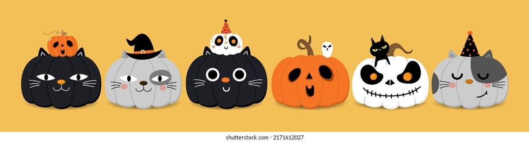 Happy halloween greeting card with pumpkin in cat and ghost costume. Holidays cartoon character. -Vector