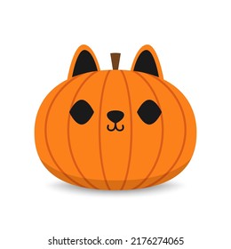 Happy halloween greeting card with pumpkin in cat costume Holidays cartoon character. Pumpkin head.
