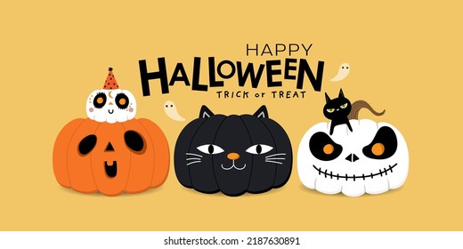 Happy halloween greeting card with pumpkin in cat and ghost costume. Holidays cartoon character. -Vector