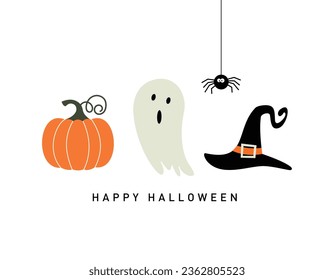 Happy Halloween Greeting Card with Pumpkin, Ghost, Witch Hat, and Spider on White Background