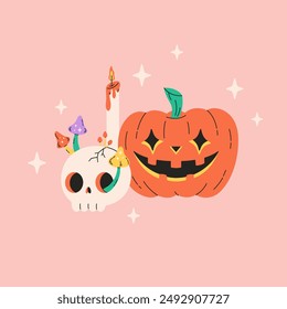 Happy Halloween greeting card with pumpkin, skull, candles. Vector illustration in flat style