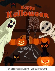 Tarjeta de felicitación feliz de Halloween. Calabazas, murciélagos, fantasmas, gatos, huesos, Web, momia y tumba. Póster, volante, Anuncio Ilustración vectorial de diseño creativo