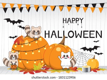 Happy halloween greeting card with raccoon and pumpkin.Vector Design.