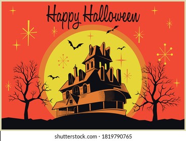 Happy Halloween Greeting Card Retro Postcard 1950s Style, Haunted Mansion, Bats, Dead Trees