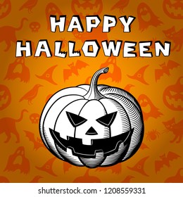 Happy Halloween greeting card. Retro-style Image of white jack o lantern on orange background with Halloween elements: carved pumpkin, witches hat, raven, cat, ghost, skull, and spider 