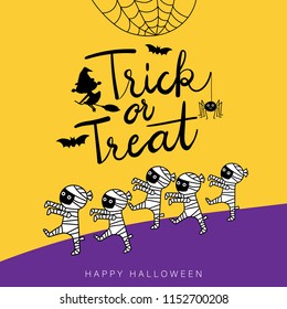 Happy Halloween greeting card with scary spider and Mummy. Calligraphy hand written. Trick or treat.