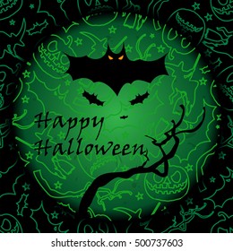 Happy Halloween greeting card with seamless halloween pattern. Halloween banner or poster.