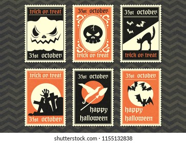 happy halloween greeting card  set ,halloween symbol vector stamp postage collection.