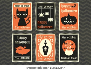 happy halloween greeting card  set ,halloween symbol vector stamp postage collection.