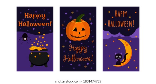 Happy Halloween greeting card set. Cute halloween character black cat on moon, orange pumpkin jack lamp, cauldron with poison and black spider. Vector cartoon flat style party flyer illustrations.