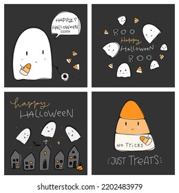 Happy Halloween greeting card set with cute baby ghost, candy corn clipart, short messages on dark background. Hand drawn orange and black graphic design for spooky fall holiday party banner.