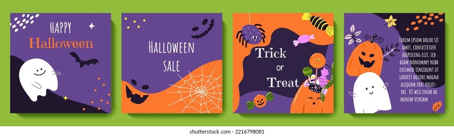 Happy Halloween greeting card set. Cute autumn backgrounds with pumpkin, ghost, busket of candies, spider web.  Vector templates for social media post, online ad, flyer, invitation, postcard design